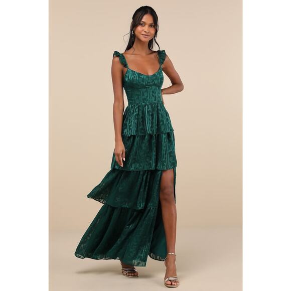 Lulus Dresses & Skirts - NWT Lulus Stunning Glory Hunter Green Floral Jacquard Tiered Maxi Dress Prom M